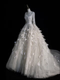 Civil Wedding Dresses Ball Gown Square Neck White Tulle With Long Sleeves Feathers Bodice Brides Dress Fitted Bridal Gowns HZ0311