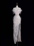 Civil Wedding Dresses Sheath Strapless White Sequin With Slit Feathers Bodice Brides Dress Fitted Bridal Gowns HZ0311