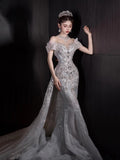 Fairytale Fantasy Art Wedding Dresses Mermaid Off The Shoulder Sequin With Beaded Bodice Long Brides Dress Fitted Bridal Gown HZ0311