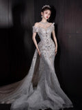 Fairytale Fantasy Art Wedding Dresses Mermaid Off The Shoulder Sequin With Beaded Bodice Long Brides Dress Fitted Bridal Gown HZ0311