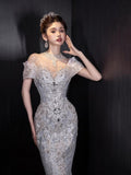 Fairytale Fantasy Art Wedding Dresses Mermaid Off The Shoulder Sequin With Beaded Bodice Long Brides Dress Fitted Bridal Gown HZ0311