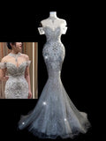 Fairytale Fantasy Art Wedding Dresses Mermaid Off The Shoulder Sequin With Beaded Bodice Long Brides Dress Fitted Bridal Gown HZ0311