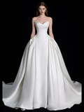 Modest Ball Gown Sweetheart White Satin With Pleated Wedding Dress Long Fairytale Autumn Bridal Dresses HZ0311