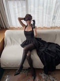 Sexy High Low Halter Black Tie Wedding Guest Dress Satin Ruffles Long Prom Dresses Night Semi Formal Gown HZ0311