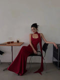 Chic Mermaid Spaghetti Strap Long Prom Dresses Red With Scarf Formal Dresses HZ0311