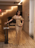 Glittery Mermaid Off The Shoulder Prom Dresses For Black People Girls Gold Sequin Beaded Crystals Long Formal Evening Party Gown HZ0311