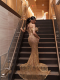 Glittery Mermaid Off The Shoulder Prom Dresses For Black People Girls Gold Sequin Beaded Crystals Long Formal Evening Party Gown HZ0311