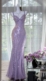 Vintage V Neck Dark Purple Chiffon Sequin Mermaid Long Party Gown Evening Dress 20th Birthday Outfits HZ0311
