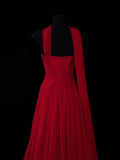 Chic A line Strapless Red Chiffon With Scarf Long Party Dresses Prom Dresses Impress Wedding Guest Dress HZ0311