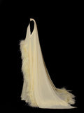 Chic A line Scoop Neck Yellow Chiffon With Feathers Long Party Dresses Prom Dresses Impress Wedding Guest Dress HZ0311