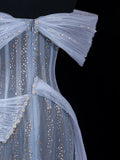 Vintage Mermaid Off The Shoulder Light Sky Blue Sequin Long Prom Dresses Party Dress 18th Birthday Outfits Graduation Dress HZ0311