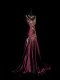 Chic Mermaid Spaghetti Strap Satin With Appliqued Long Party Dresses Prom Dresses Impress Wedding Guest Dress HZ0311