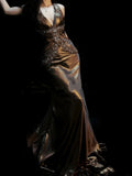 Vintage Mermaid Halter Satin With Beaded Gem Long Prom Dresses Party Dress 18th Birthday Outfits Graduation Dress HZ0311