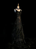 Vintage Mermaid V Neck 1950s Satin Black With Beaded Gem Long Prom Dresses Party Dress 18th Birthday Outfits Graduation Dress HZ0311