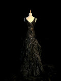 Vintage Mermaid V Neck 1950s Satin Black With Beaded Gem Long Prom Dresses Party Dress 18th Birthday Outfits Graduation Dress HZ0311