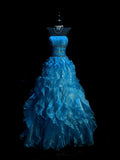 Modest Ball Gown Strapless Blue Organza Long Prom Dresses Party Dress 21st Birthday Outfits Graduation Gown HZ0311