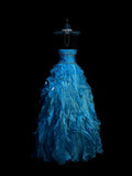 Modest Ball Gown Strapless Blue Organza Long Prom Dresses Party Dress 21st Birthday Outfits Graduation Gown HZ0311