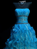 Modest Ball Gown Strapless Blue Organza Long Prom Dresses Party Dress 21st Birthday Outfits Graduation Gown HZ0311