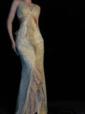 Chic Mermaid V Neck Yellow Lace Long Party Dresses Prom Dresses Impress Wedding Guest Dress HZ0311
