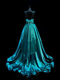 Chic A line Spaghetti Strap Blue Satin Long Party Dresses Prom Dresses Impress Wedding Guest Dress HZ0311