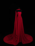 Chic A line Strapless Red Chiffon With Scarf Long Party Dresses Prom Dresses Impress Wedding Guest Dress HZ0311