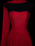 Chic A line Strapless Red Chiffon With Scarf Long Party Dresses Prom Dresses Impress Wedding Guest Dress HZ0311
