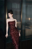Vintage Sheath Strapless Burgundy Sequins With Slit Long Prom Dress Evening Outfits Formal Dress HZ0311