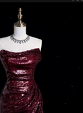 Vintage Sheath Strapless Burgundy Sequins With Slit Long Prom Dress Evening Outfits Formal Dress HZ0311