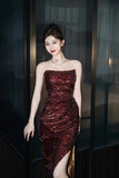 Vintage Sheath Strapless Burgundy Sequins With Slit Long Prom Dress Evening Outfits Formal Dress HZ0311