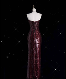 Vintage Sheath Strapless Burgundy Sequins With Slit Long Prom Dress Evening Outfits Formal Dress HZ0311