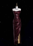 Vintage Sheath Strapless Burgundy Sequins With Slit Long Prom Dress Evening Outfits Formal Dress HZ0311