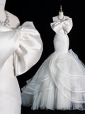Modest Mermaid Strapless With Bow-knot White Satin Wedding Dress Long Fairytale Autumn Bridal Dresses HZ0311
