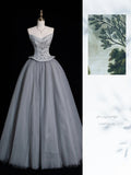 Retro Ball Gown Strapless Grey Tulle 2000s Long Prom Dresses Inspo 19th Birthday Outfits Formal Dress HZ0311