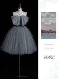 Elegant Ball Gown Strapless Gray Tulle Short 16th Birthday Dress Middle School Homecoming Dresses HZ0311