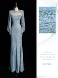 Sparkly Mermaid Jewel Neck Blue Sequin Long Prom Dresses Inspo 19th Birthday Outfits Formal Dress HZ0311