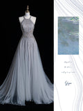 Sparkly A Line Scoop Neckline Silver Grey Tulle Long Prom Dresses Inspo 19th Birthday Outfits Formal Dress HZ0311