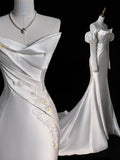Modest Mermaid Sweetheart White With Long Sleeves Satin Wedding Dress Long Fairytale Autumn Wedding Dresses HZ0311