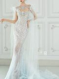 Luxurious Mermaid Scoop Evening Dress Sequins Prom Dress With Cape Long Party Dresses 19th Birthday Outfits HZ0311