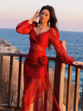 Modest Mermaid Sweetheart Red Satin Long Sleeves Prom Dresses Wedding Guest Dress 16th Birthday Outfits HZ0311