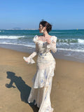 Elegant Mermaid Square Neck Floral Chiffon Blue Long Sleeves Prom Dresses 16th Nigh Party Birthday Outfits HZ0311