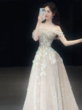 Cute A line Off The Shoulder With Cap Sleeves Sequins Champagne Long Formal Prom Dresses Dance Night Outfits Party Gowns HZ0311