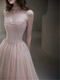 Classy A line Strapless Light Pink Tulle Long Formal Prom Dresses Dance Night Outfits Party Gowns HZ0311