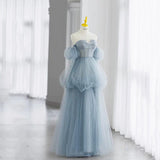 Modest Ball Gown Off The Shoulder Dusty Blue Tulle Prom Dresses Inspiration Long Party Night Evening Dress 20th Birthday Outfits HZ0311