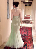 Sexy Mermaid Halter Mint Green Sequins Ankle Length Prom Dresses Wedding Guest Dress 20th Birthday Outfits HZ0311