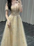 Classy A line Off The Shoulder With Cap Sleeves Sequins Long Formal Prom Dresses Dance Night Outfits Party Gowns HZ0311