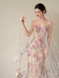 Classy Mermaid Strapless Floral Lace Long Formal Prom Dresses Dance Night Outfits Party Gowns HZ0311