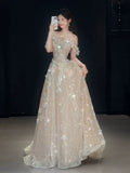 Cute A line Off The Shoulder With Cap Sleeves Sequins Champagne Long Formal Prom Dresses Dance Night Outfits Party Gowns HZ0311