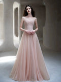 Classy A line Strapless Light Pink Tulle Long Formal Prom Dresses Dance Night Outfits Party Gowns HZ0311