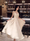 Modest A line Spaghetti Straps Ivory Satin Long Prom Dresses Wedding Guest Dress 20th Birthday Outfits HZ0311