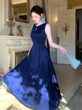 Elegant A line Jewel Neck Navy Blue Satin With Beaded Sleeveless Prom Dresses 16th Nigh Party Birthday Outfits HZ0311
